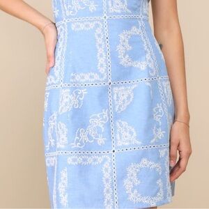 Lovely Blue Embroidered Strapless Mini Dress with White Embroidery Size XL. New.